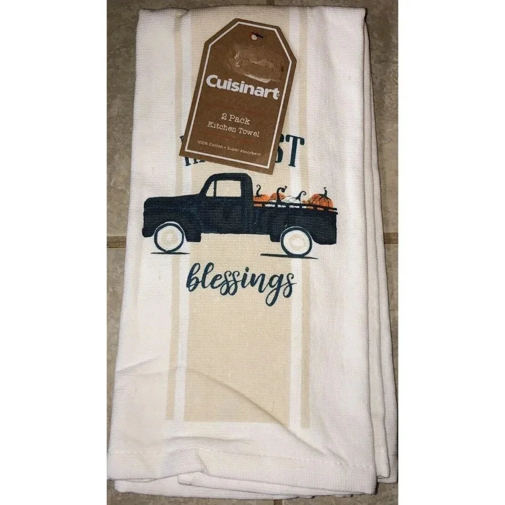 NWT Cuisinart  2 Pack Kitchen Towels Fall Harvest Blessings Blue Truck 16” X 26”